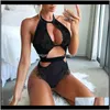 Rompers Womens Clothing Apparel Drop Delivery 2021 Summer Sexy Black Lace Bodysuit Women Mesh Jumpsuits Romper Hanging Neck Backless Embroide