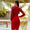 Spring Red Sequined Bodycon Bandage Dress Sexy Long Sleeve Club Celebrity Evening Runway Party Vestidos 210423