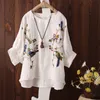 Summer Women Tshirt Plus Size Lantern Sleeve Loose Tee Shirt Femme cotton linen flower bird Embroidery Vintage Tops HXJ06 210512