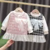 2021 Spring Summer Infant Baby Clothing Sets Plaid Sleeveless Dress T-shirt 2Pcs Baby Outfit Suits for Toddler Baby Girl Clothes Q0716