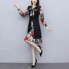 Spring Elegant Plus Size Dress Women Long Sleeve Printed Tunic Patchwork Fashion Fitted A-line Dresses Ol Korean Vestidos 210518