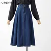 Vår Midi Denim Skirt Kvinnor Chic Vintage Full Tvättad Blå Jeans Plus Size Pocket Ren Kvinna S 210601