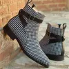 Men's Fashion Houndstooth High-top Buckle Classic Chelsea Short Boots Trend Business Casual Fashion Boots HL098 210826