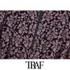 TRAF femmes Chic mode imprimé fleuri plissé Mini robe col en V à manches longues dos fermeture éclair femmes robes Vestidos Mujer 210415