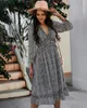 European and American fashion pearl Chiffon Dresses V-neck dot pattern trumpet sleeve women's dress