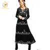 高品質到着滑走路マキシロングドレス女性のフルスリーブ刺繍模様パターンブラックvestidos 210520