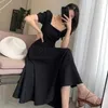 Czarna sukienka dla kobiet 2021 Summer Retro Square Collar Rękaw Puff Rękaw Długie Sukienki Vestido de Mujer Femme Robe Y1006