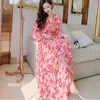 Plage Boho Femme Longue DrV-Cou À Manches Longues Floral Imprimé Élégant Bohême Maxi Robes Pour Femmes Fête De Vacances Vêtements Robes X0621