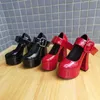 Mulheres senhoras de couro de patente super 15cm sapatos de salto alto 4,5 cm bombas de plataforma de uma linha de pinho de pinho espessa fundo sexy festa de dança casamento vestido de fivela mary mary jane tamanho 35-43