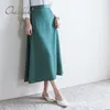 Spring Summer Elegant Women Green Satin Vintage Female Silk Stylish Office Lady Midi Skirt 210415