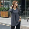 Medium-long Section Casual Solid V-neck Autumn and Winter Plus Size Women Long Sleeve T-shirt Female Ladies Top 6976 50 210417