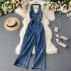 Neploe Summer Women Jumbsuits Euramerican Style Halter Sleeveless Backless High Wasit Wide Leg Jean Bodysuits 82075 210423