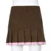 Marron velours côtelé jupes plissées femmes Vintage 90 s esthétique école fille Mini jupe dentelle ourlet mignon Kawaii vêtements 210607