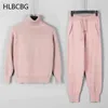 HLBCBG Dois pedaços Set Mulheres Knit Sport Ternos Turtleneck Quente Turtleneck Mulheres + Drawstring Harem Calças Inverno Outfits Jogging 211116