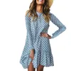 Bleu à pois robe mi-longue femmes automne hiver décontracté robe de soirée grande taille Vintage Mini bureau élégant Dressvestidos Mujer 210715