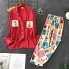 Печать пижама набор женщина Корейский сладкий прекрасный район с длинным рукавом брюки Twinset Pijama 210831
