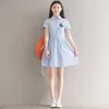Mori Girl Preppy Style Sommer Damen Kleid Umlegekragen gestreift Slim Elbise Schmetterling Applikationen Baumwolle Leinen Blau 210520