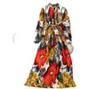 Lente vrouwen geplooide jurk dames pullover stand kraag bloemen gedrukte lange mouwen chiffon vintage mid-kalf lange jurk 210715