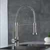 FLG Spring Style Kitchen Faucet Brushed Nickel Sink Faucet Pull Out Torneira All Around Swivel 2-Function Water Outlet Mixer Tap 210724
