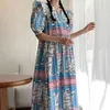 Kobiety Vintage Duży Rozmiar Długa Plisowana Dress V-Neck Half Puff Sleeve Loose Fit Fashion Wiosna Lato 16F0676 210510