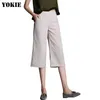 Keten Pamuk Geniş Bacak Pantolon Gevşek Katı Yüksek Bel Artı Boyutu S-4XL Beyaz Siyah Gri Rahat Buzağı Uzunluğu Pantolon Kadın Yaz 210519