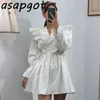 Vintage Chic Wild V Neck Ruffles Dress Short Patchwork Slim Vita alta Lace Up Casual Mini Vestido Feminino coreano 210429