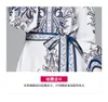 2121 Spring Women's Runway Turn Down Collar Long Sleeve Blue Floral Printed Maxi Long Dress High Street Office Slim Dresses 210514