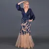 Graceful Navy Blue Mermaid Mother's Dresses V Neck Puffy Long Sleeve Wedding Guest Gown Floral Lace Appliques Vestidos De Fiesta 326 326