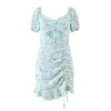 Spring Women Flower Print Chiffon Dress Kvinna Puff Sleeve Kläder Casual Slim Hollow Out Vestido 210430