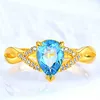 Womens Rings Crystal Jewelry Open Blue Zircon ring gold-plated interwoven heart-shaped hollow woven sea blue diamond Cluster For Female Band styles