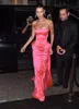Hot Pink Strapless Prom Formal Dresses 2021 Bella Hadid Modest Ruffles Skirt Full length Red Carpet Celebrity Dress Evening Party Gown Wear