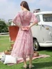 Kobiety Lato Elegancka Szyfonowa Różowa Dress Festa Wysokiej Jakości Party Robe Femme Lace Projektant Imperium Talii Suknie Vestidos 210421