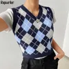 Suéter de punto a cuadros Argyle de estilo inglés para mujer, Top corto sin mangas con cuello de pico, prendas de vestir informales de otoño, Tops Y2K para mujer 210819