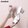 Summer Zapatos De Mujer Slippers Women PU Peep Toe Square Heel Fashion Concise Shallow Party Solid Outside Leisure 210507 GAI GAI GAI