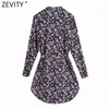 Kobiety Vintage Purple Floral Print Business Shirt Dress Office Lady V Neck Bow Miste Sastes Casual Mini Vestidos DS4813 210416