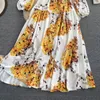 Women Autumn Print Maxi Dress French Puff Sleeve Single Breasted A-line Dress Fashion Chic Romantic Holiday Long Robe 210419