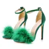 Kvinnor Sommar Sandaler Fluffy Peep Toe Stilettos High Heels Fur Feather Lady Bröllop Skor Stor Storlek 42