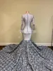 Lange mouw Mermaid Avondjurken Zilveren Pailletten Applique 3D Floral Trein Afrikaanse V-nek Zwart Meisje Prom Dress Roekjes