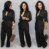 Jumpsuits das Mulheres Macacões Outono Mulheres Manga Longa Jumpsuit Surgindo Collar Preto Branco Dots Regular Casual com Lace-Up Chlow Length TR