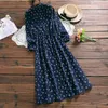 Mujer Otoño Invierno vestido bata mujer manga larga Floral impreso Pana Vestidos azul marino Vintage Vestidos 210520