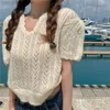MATAKAWA Short-sleeved Knitted T-shirt Women Summer Woman Tshirts Korean Candy Color Tops Fashion Hollow Short Top 210513