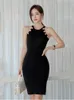 Schwarz Bodycon Bleistift Kleid Sommer 2021 Ärmel Halfter Sexy Schlank Taste Gestrickte Kleider Für Frauen Vestido Neuheiten G1214