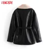 Women black fur faux leather jacket coat with belt turn down collar Ladies Winter Thick Warm Oversized QN93 210416