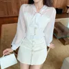 Весна осень сладкий корейский элегантный из двух частей набор женщин лук твид пэчворк шифоновая блузка рубашка верхняя + мини юбка костюма 210514