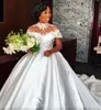 High Neck Ball Gown Wedding Dresses Satin Lace Applique Illusion Off the Shoulder Custom Made Dubai Plus Size Sweep Train Vestido De Novia