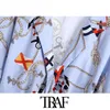 TRAF Women Fashion With Knot Printed Cropped Blouses Vintage Long Sleeve Side Zipper Female Shirts Blusas Chic Tops 210415