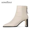 Sophitina Mulheres Sapatos Outono Inverno Premium Couro Handmade Ankle Boots Quadrado Toe Zipper Casual Salto Alto Feminino Botas So679 210513