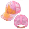 Tiedye hästsvans hattar 6 färger mesh ihåliga röriga bun baseball cap trucker hatt sommarsol mössor snabbt skicka lla9386710418