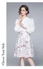 Kvinnor Elegant 2 Piece Set Fashion Sweet Ruffles Puff Sleeve Vit skjorta Top + Hög midja Blommigryckt Midi Skirt Suit 210519