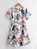 Girls Tropical Print Notch Neck Belted Dress SHE